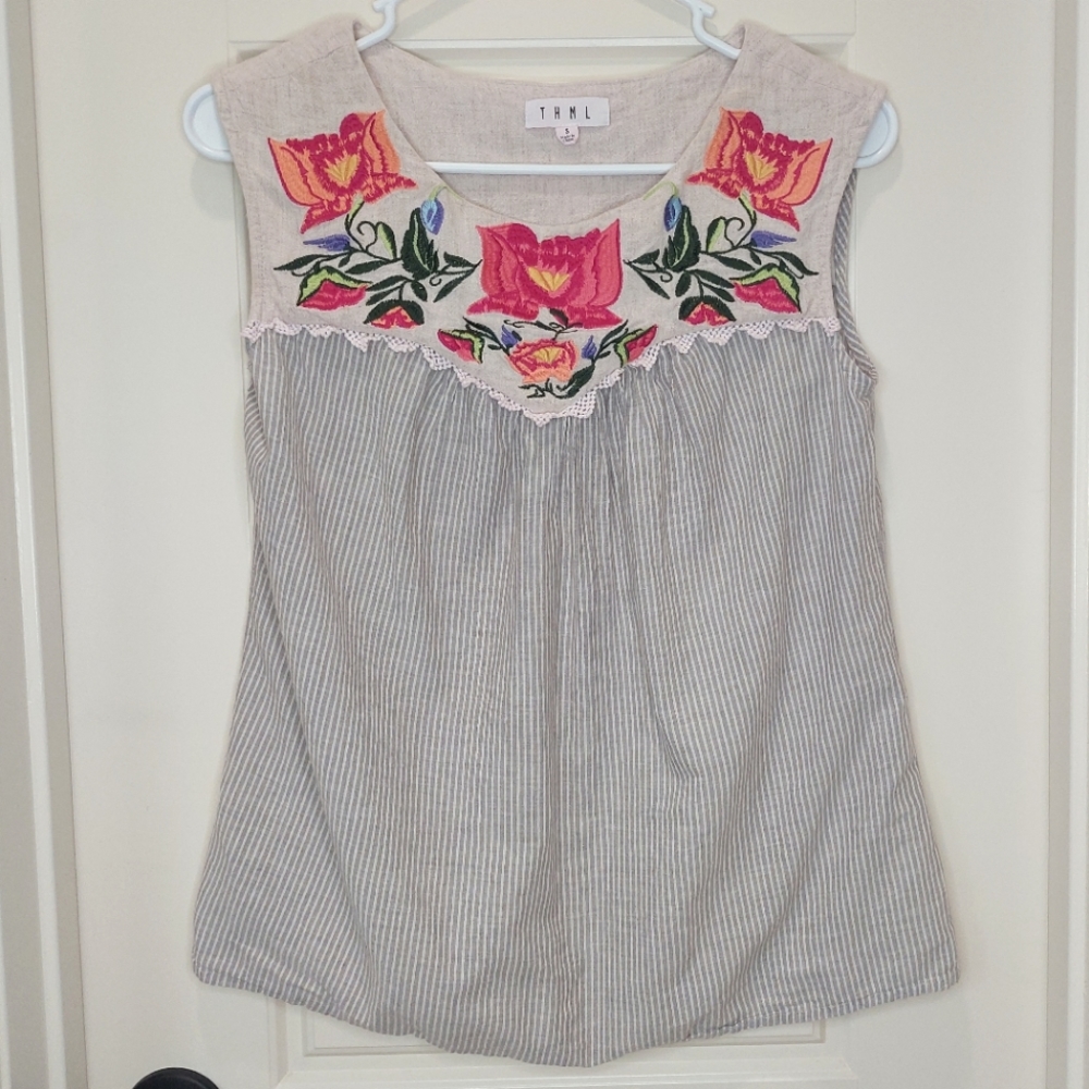 THML Embroidered Floral Sleeveless Cotton Linen Top Small